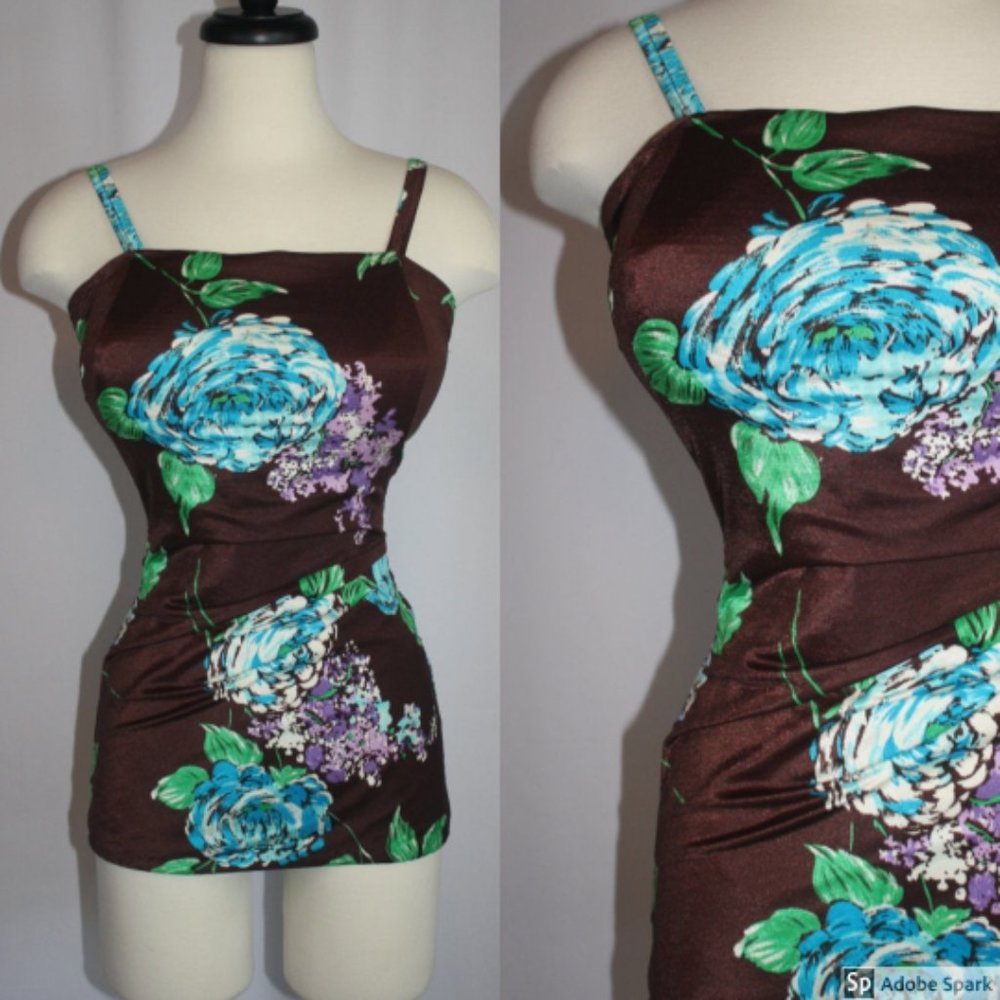 1950s 1960s Vintage Roxanne Floral One Piece Swimsuit Playsuit